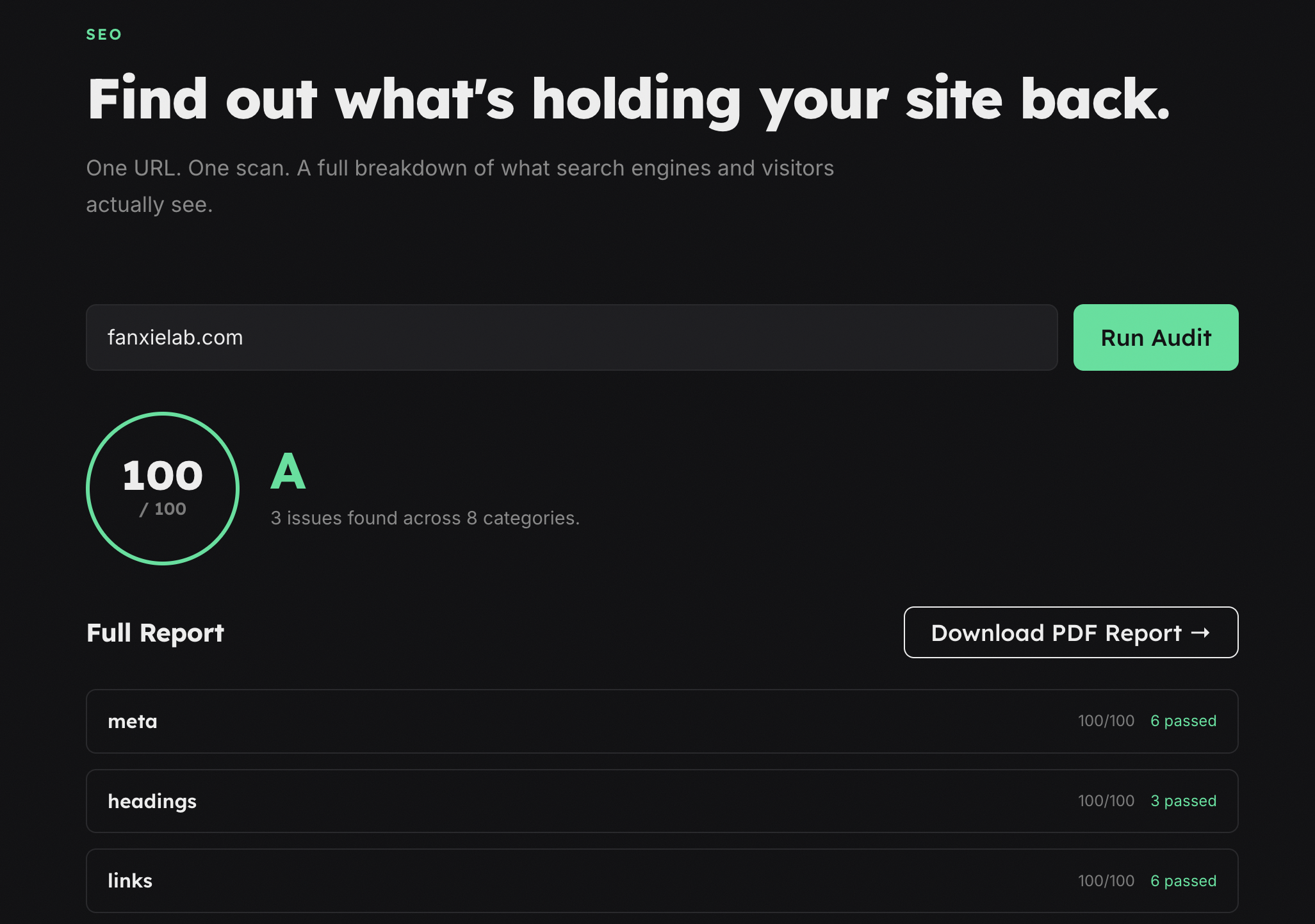 SEO audit overall score badge showing 0-100 numeric grade and letter grades per category