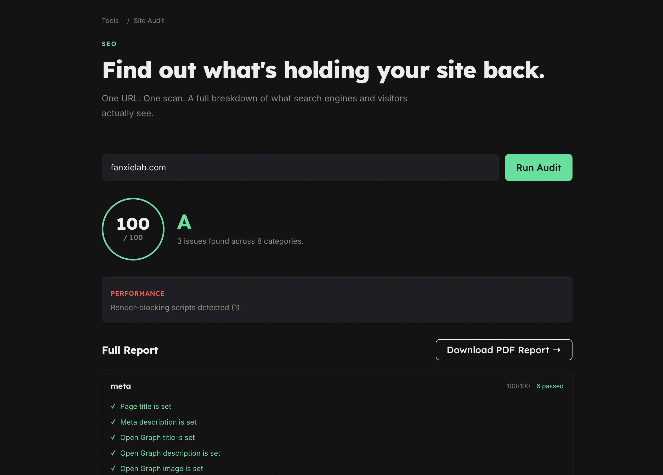 Free SEO audit tool results showing meta tags, headings, and link analysis