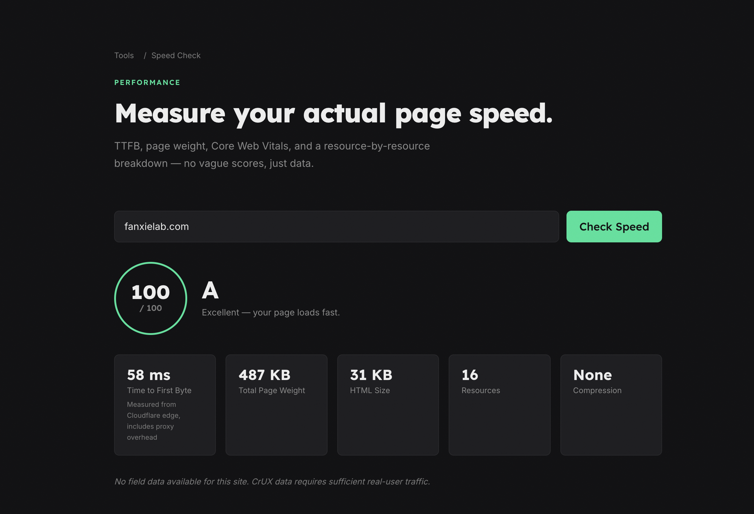 Website speed checker results — TTFB, page weight, and Core Web Vitals
