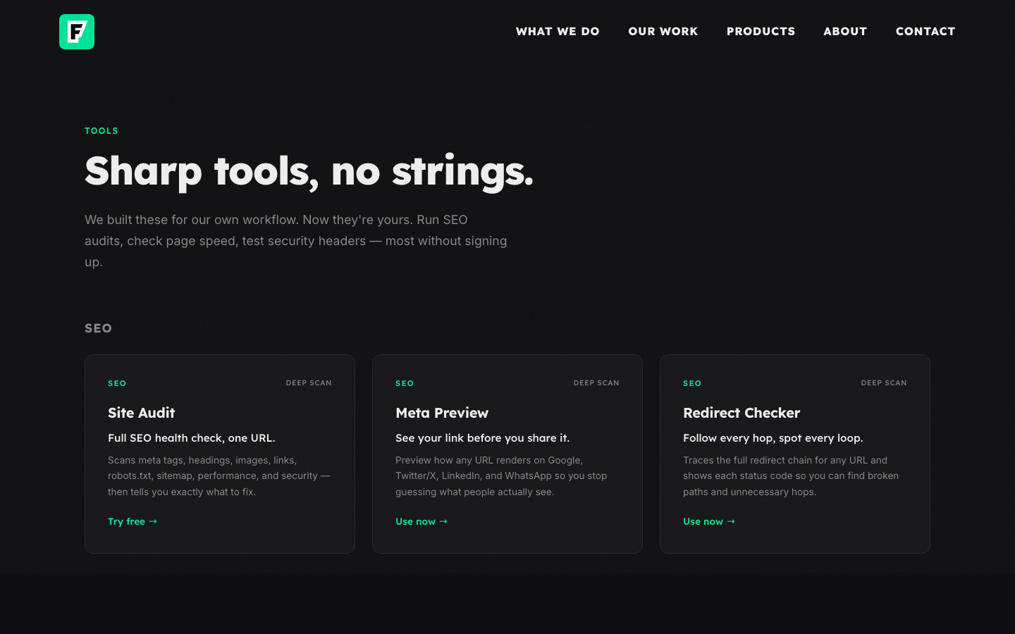 Free web tools grid at fanxielab.com — SEO audit, speed checker, SSL check, and more